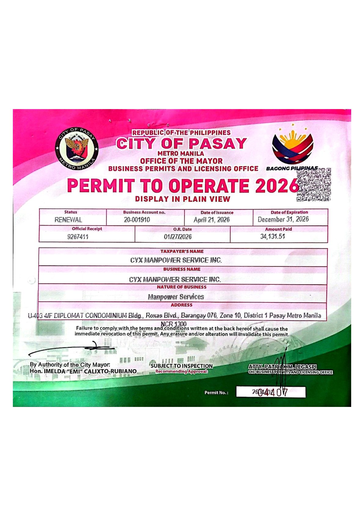 Mayor's Permit to Operate