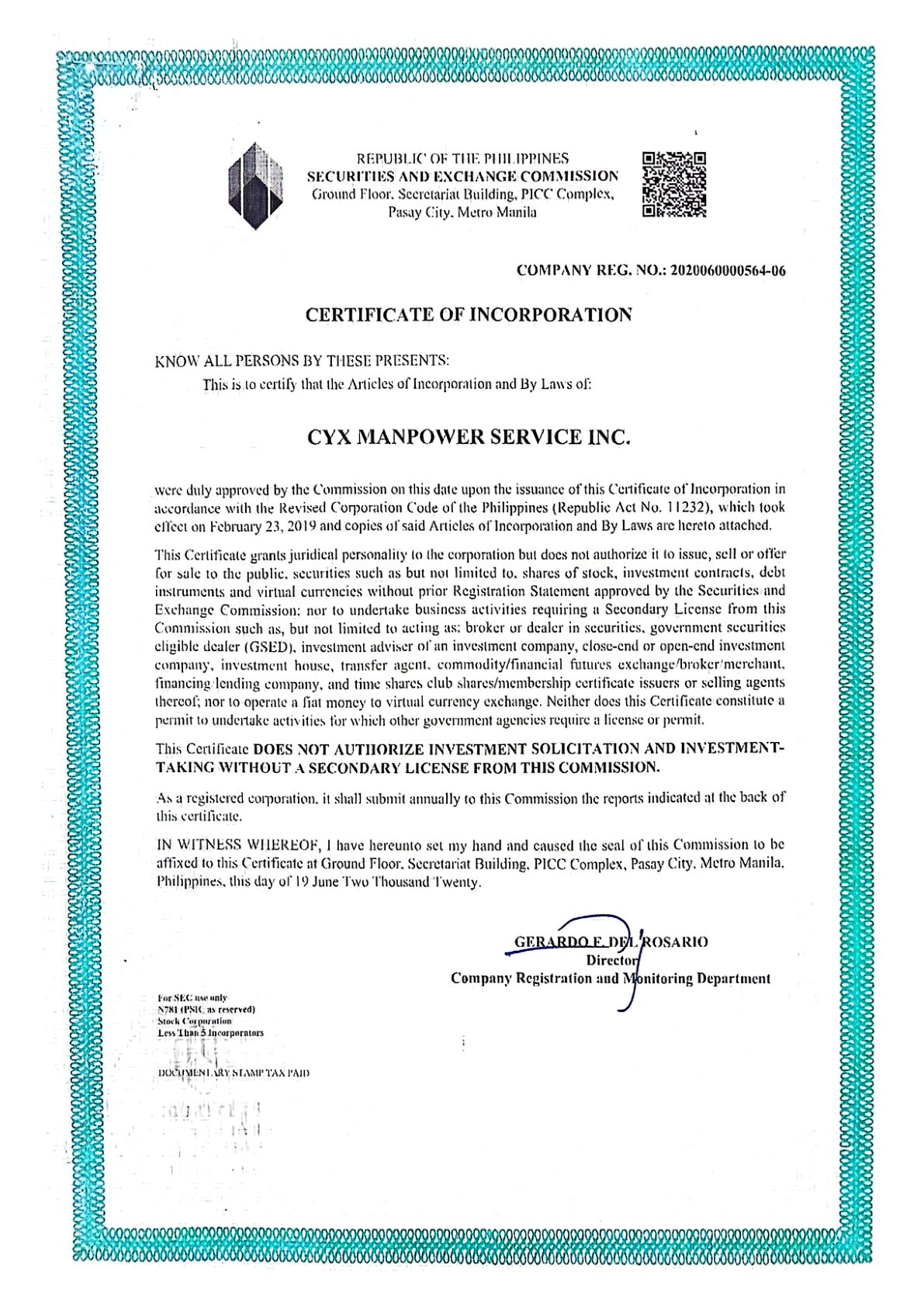 SEC Certificate of Incorporation