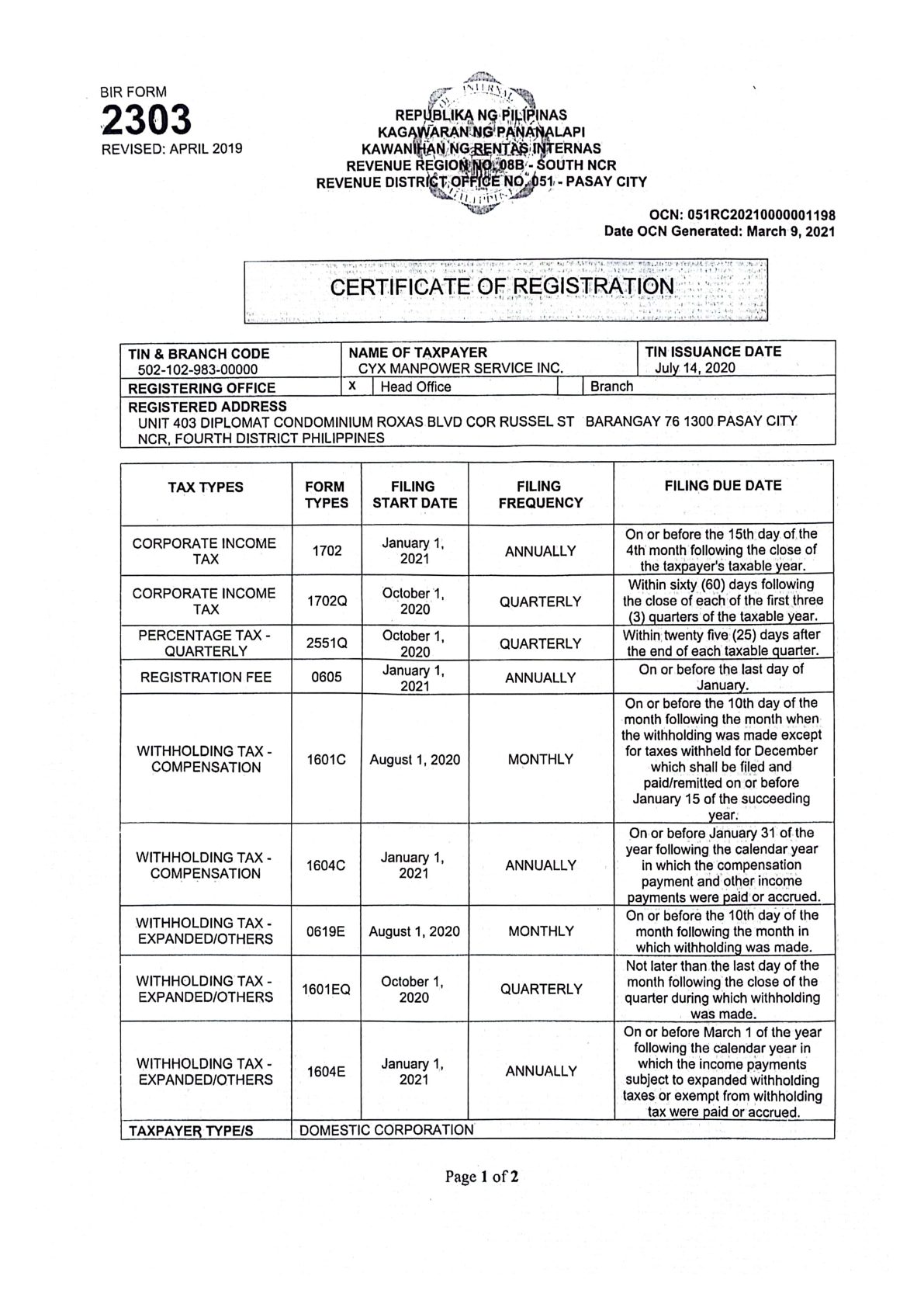 BIR Certificate of Registration