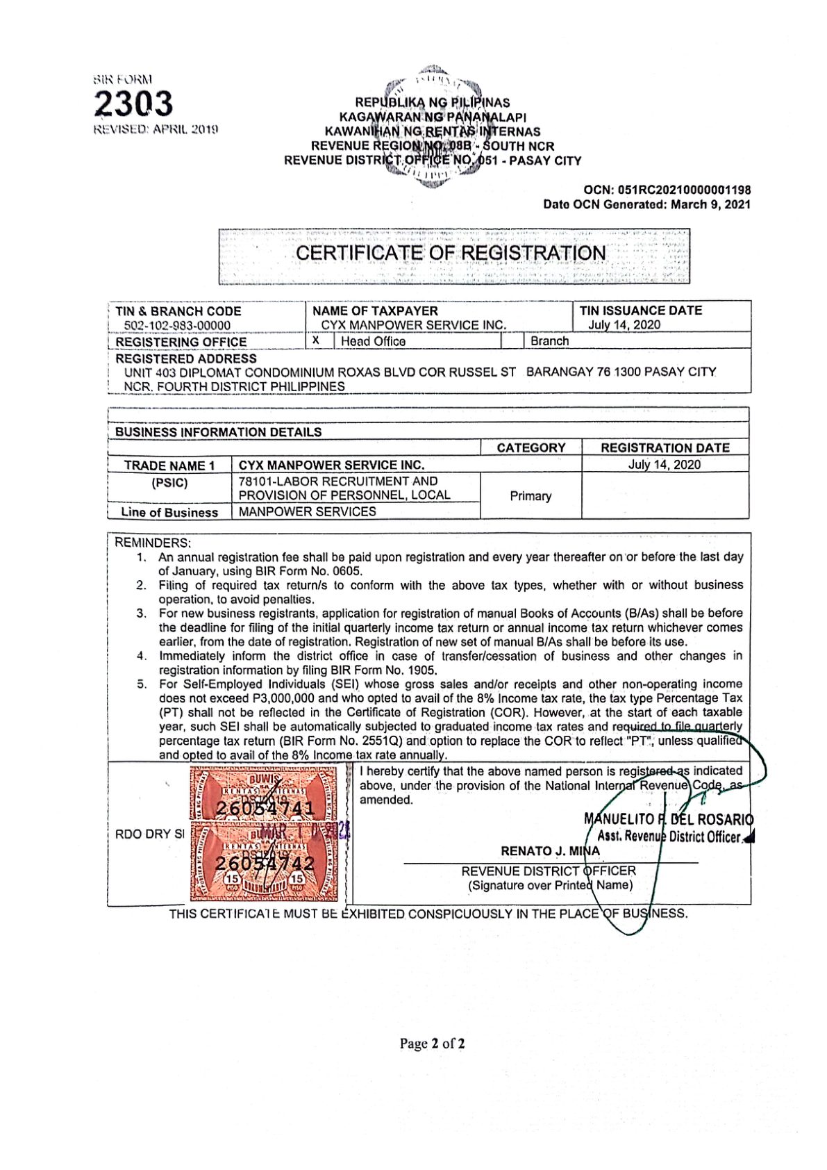 DOLE Certificate of Registration